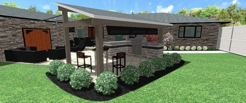 3D rendering of landscape and outdoor kitchen in Carmel, IN.