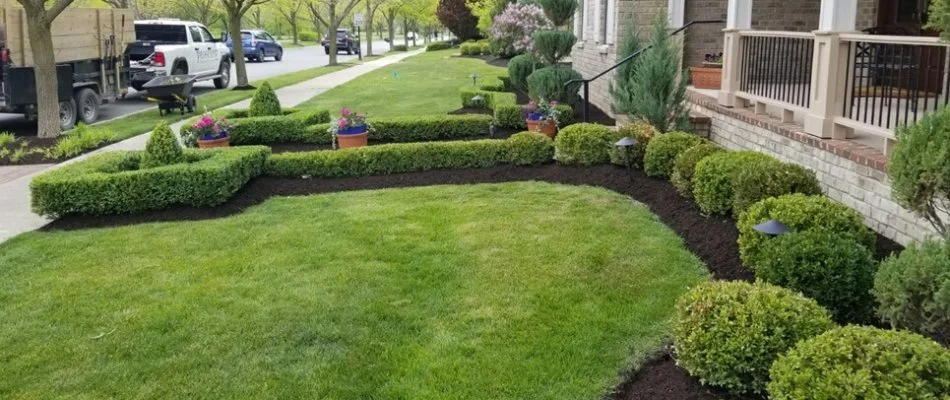 Property in Fishers, IN, with green lawn and beautiful landscaping.