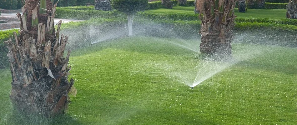 Running sprinkler system on a lawn in Carmel, IN.